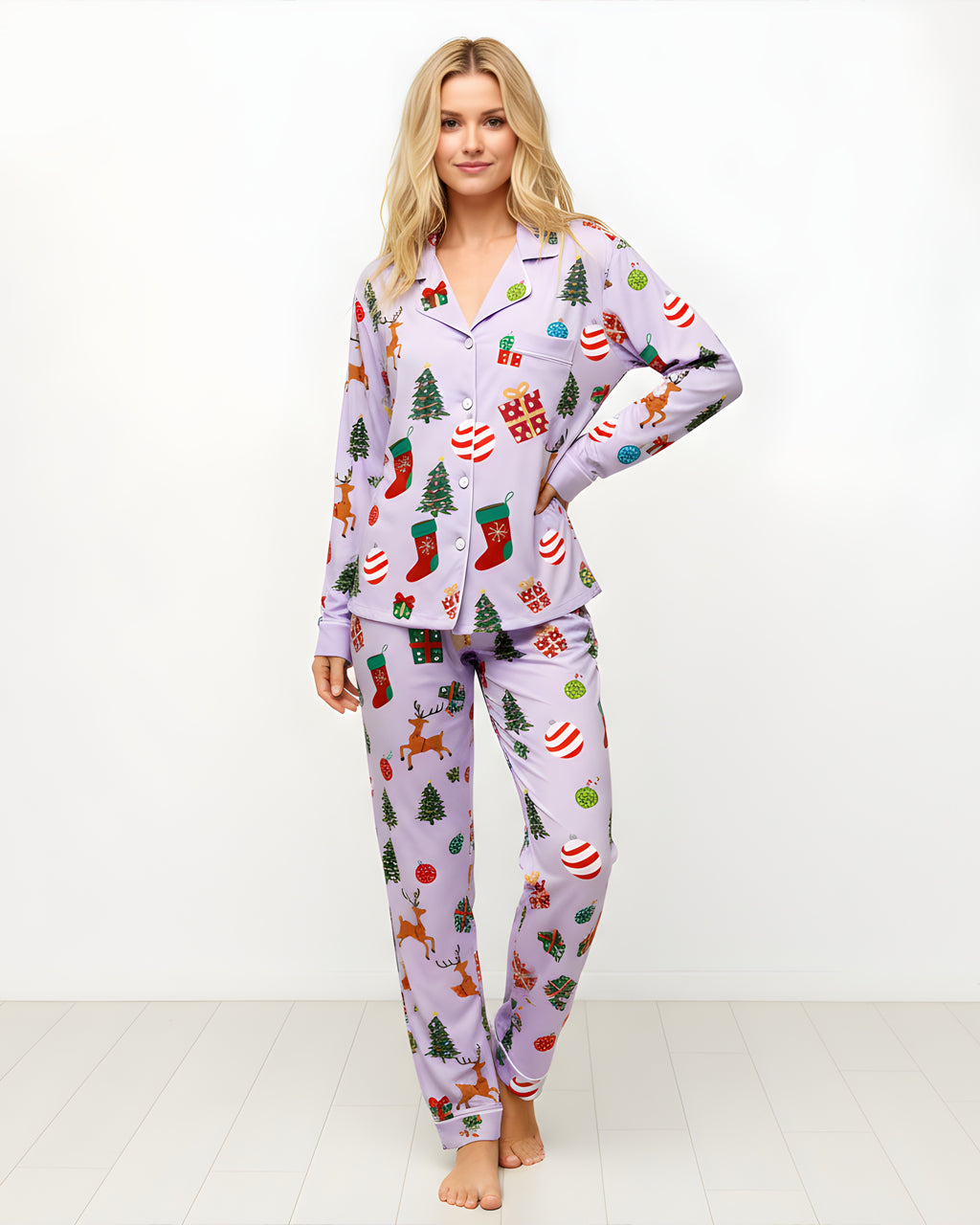 Christmas Balls And Reindeer Print Pajama Set OMFORT
