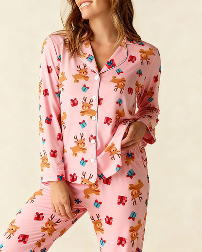 Christmas Reindeer Gift Box Print Pajama Set OMFORT