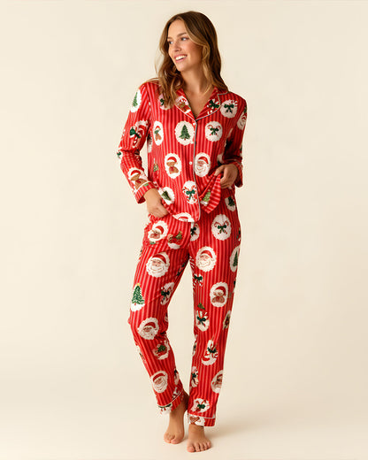 Retro Christmas Santa Stripe Print Pajama Set OMFORT