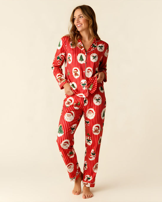 Retro Christmas Santa Stripe Print Pajama Set OMFORT