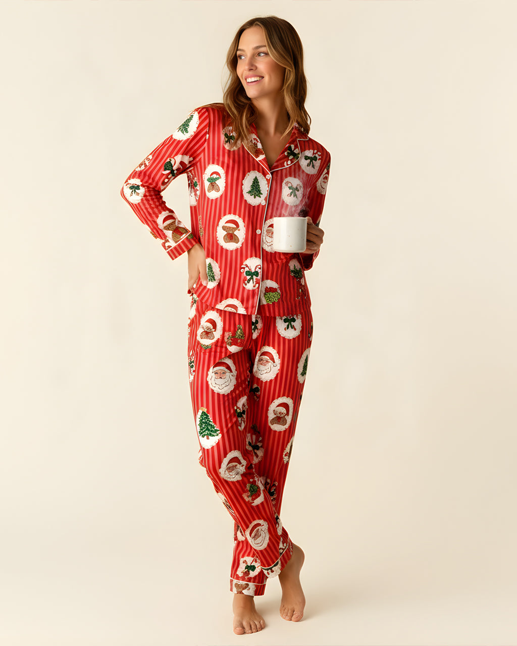 Retro Christmas Santa Stripe Print Pajama Set OMFORT