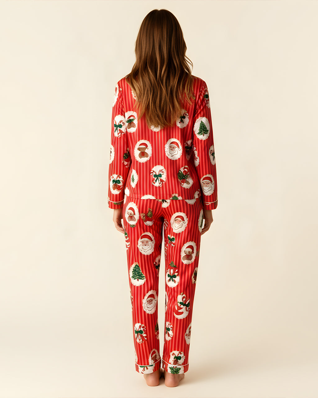 Retro Christmas Santa Stripe Print Pajama Set OMFORT