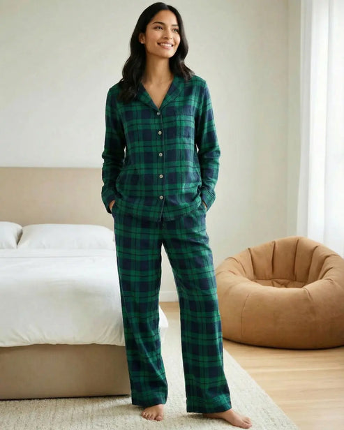 Classic Green Scotch Plaid Pajama Set OMFORT