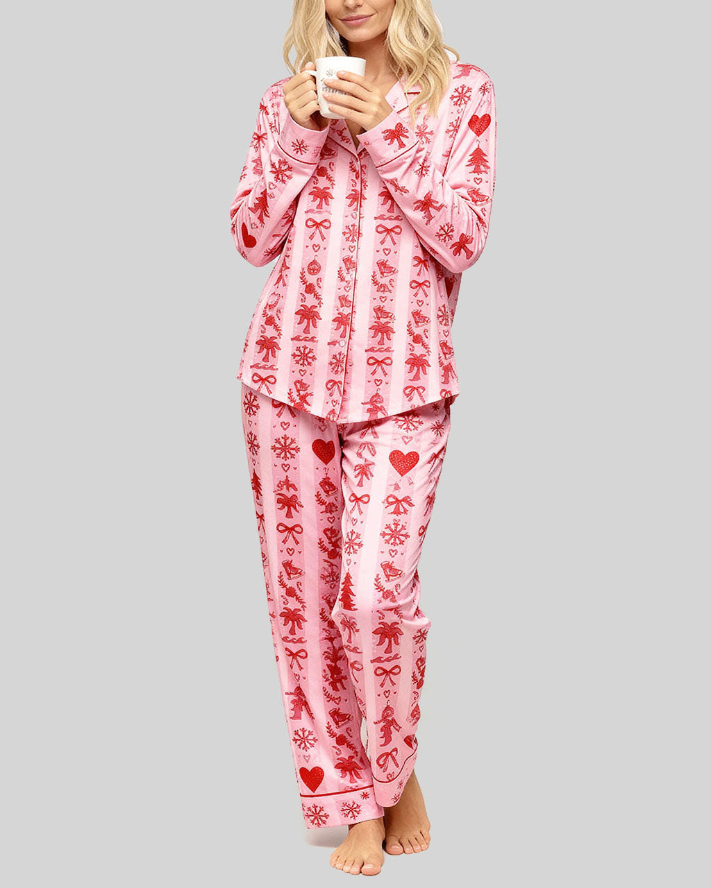 Palm Tree Snowflake Pink Stripe Pajama Set OMFORT