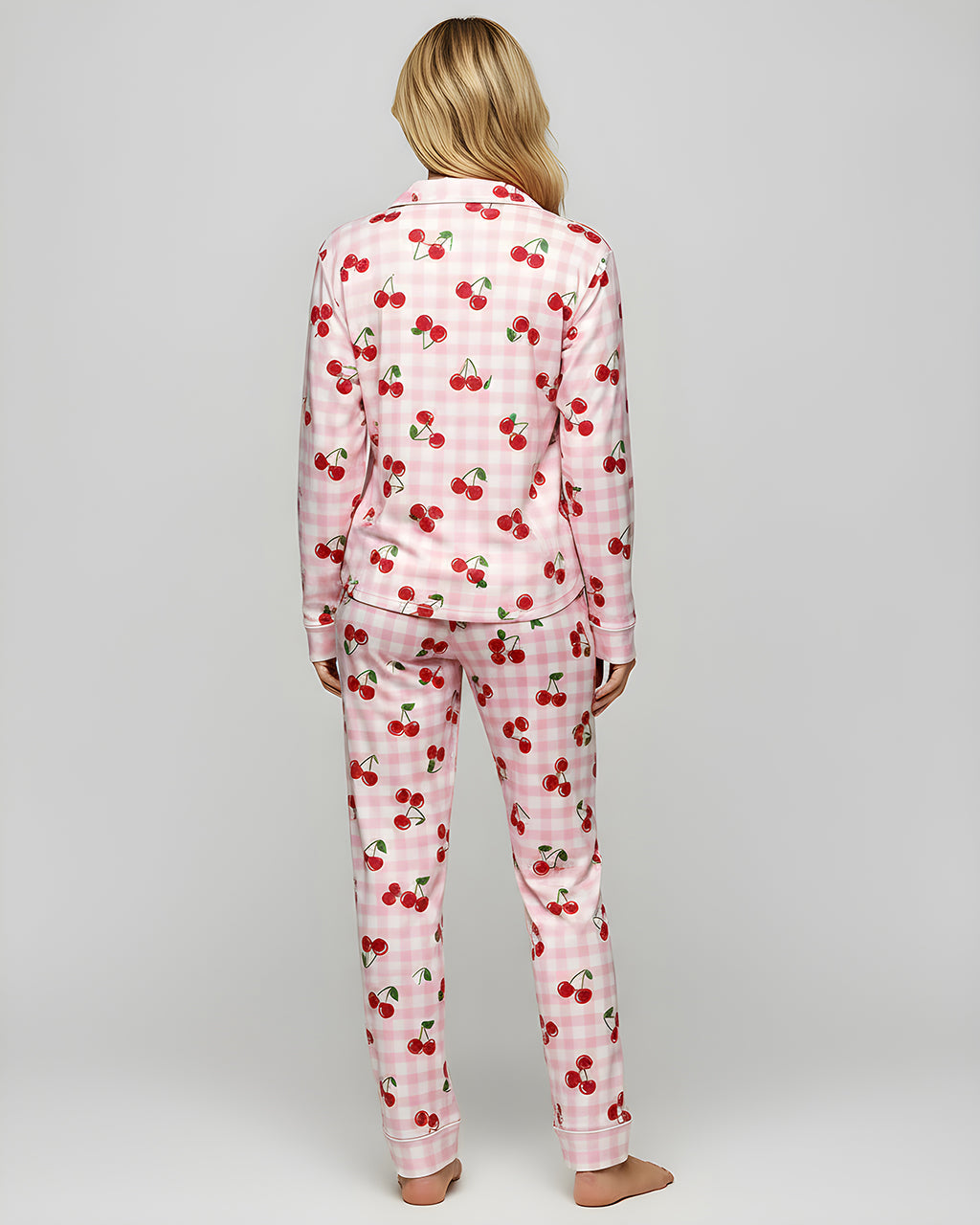 Cherries Plaid Silky Satin Pajama Set OMFORT