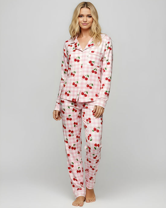 Cherries Plaid Silky Satin Pajama Set OMFORT