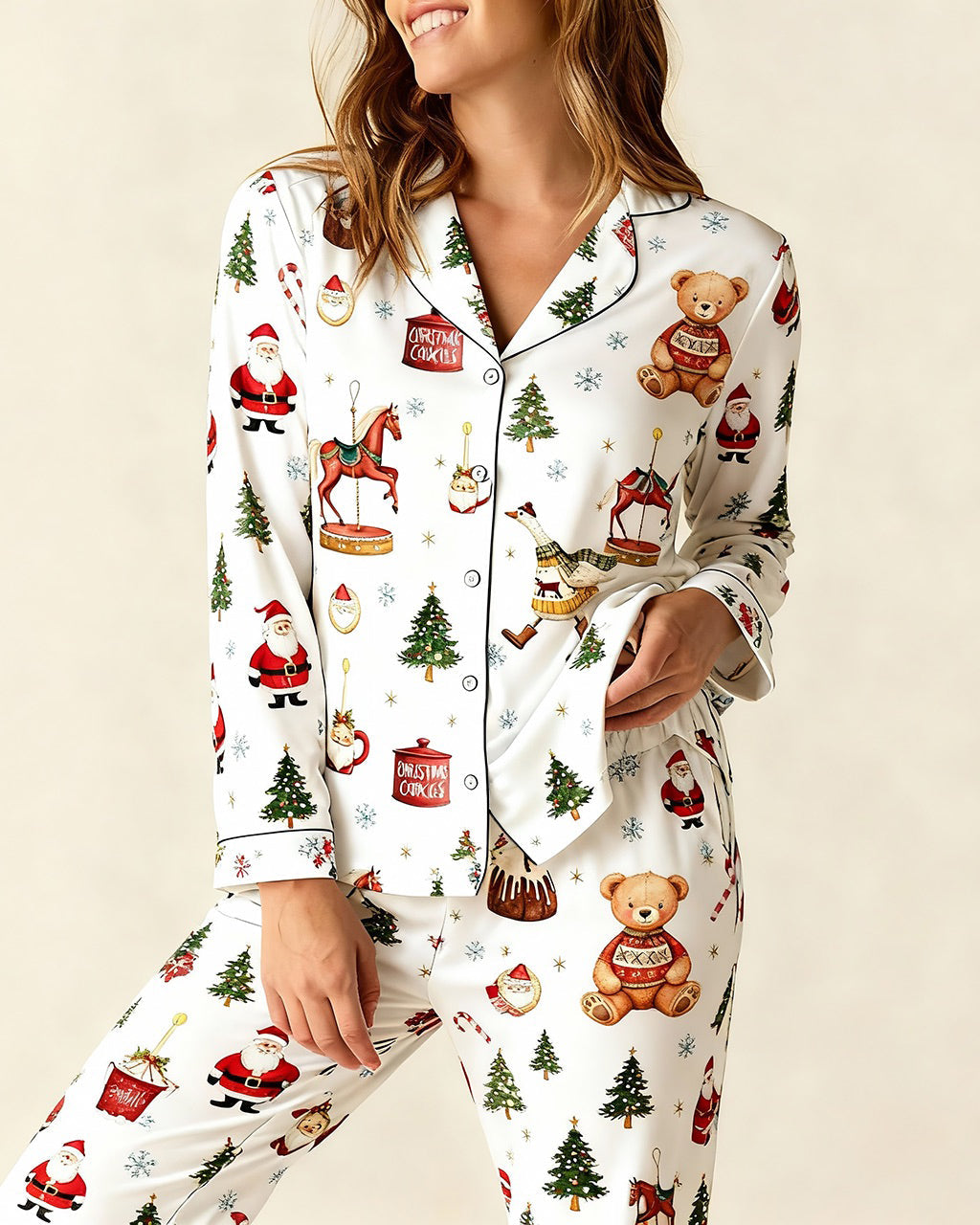 Christmas Santa Claus Carousel Print Pajama Set OMFORT