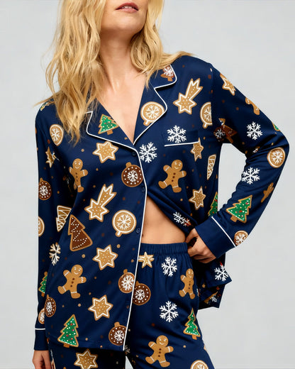 Christmas Gingerbread Print Satin Pajama Set OMFORT
