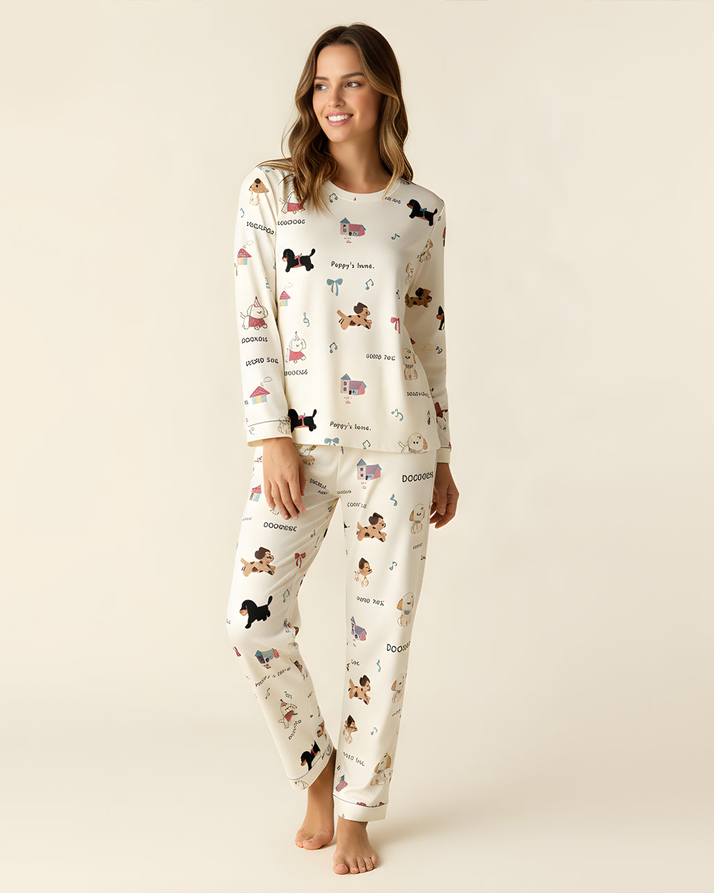 Adorable Puppy Bow Pattern Pajama Set OMFORT