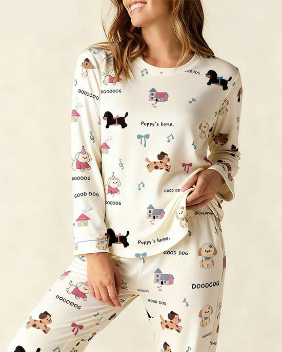 Adorable Puppy Bow Pattern Pajama Set OMFORT