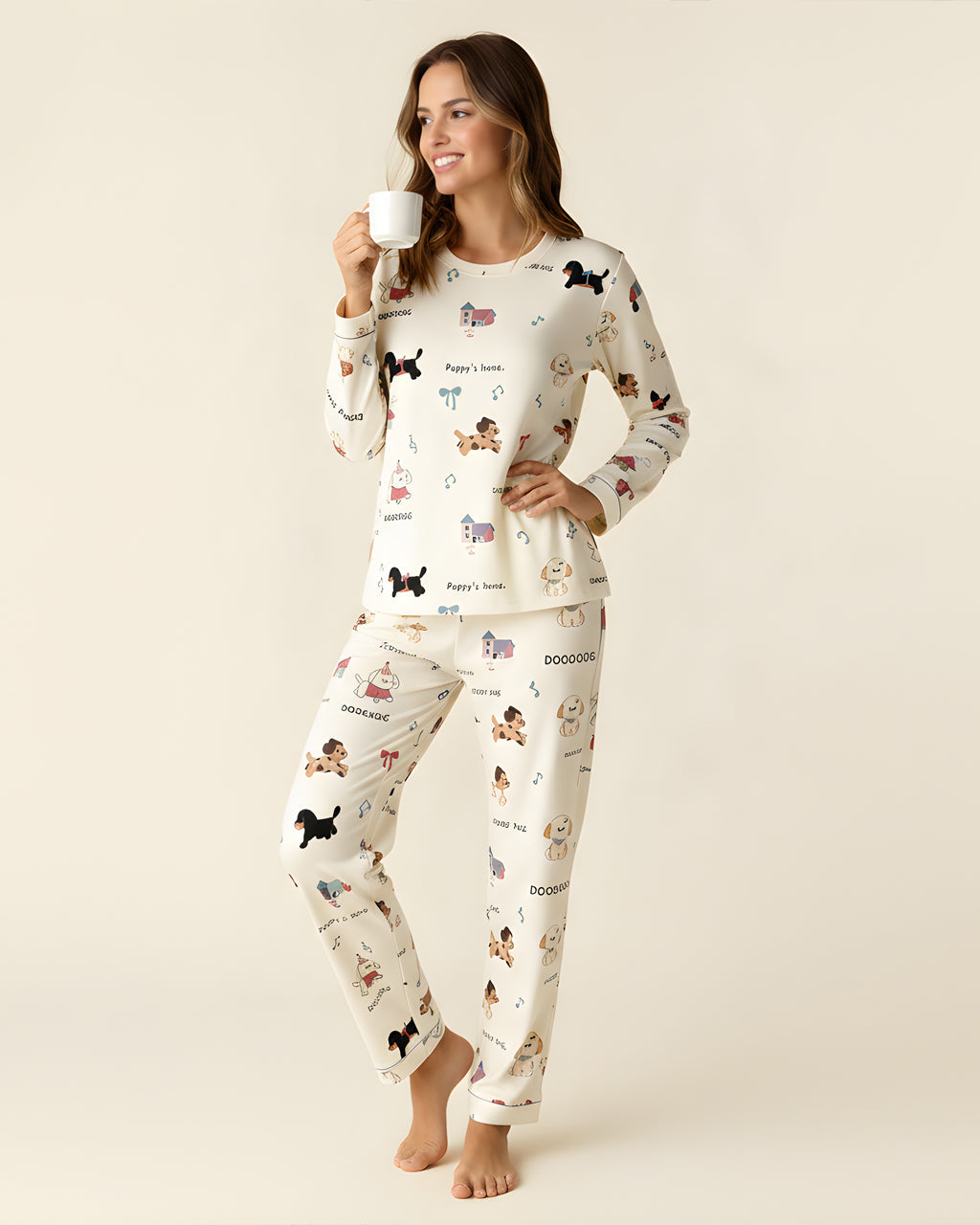 Adorable Puppy Bow Pattern Pajama Set OMFORT