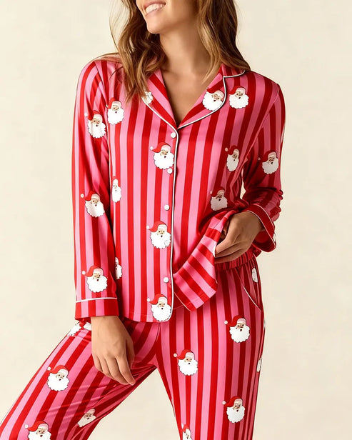 Christmas Santa Stripe Print Pajama Set OMFORT