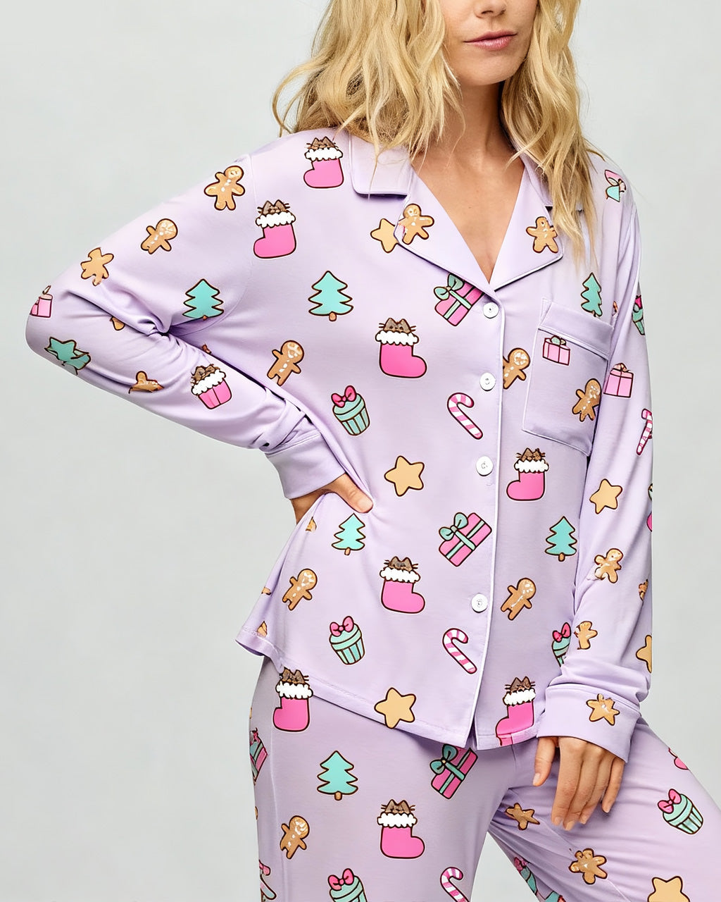 Christmas Pink Socks Print Pajama Set OMFORT