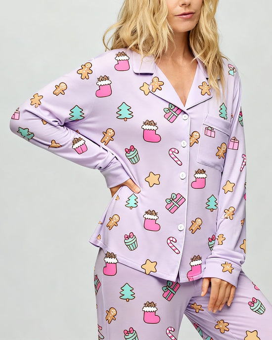 Christmas Pink Socks Print Pajama Set OMFORT