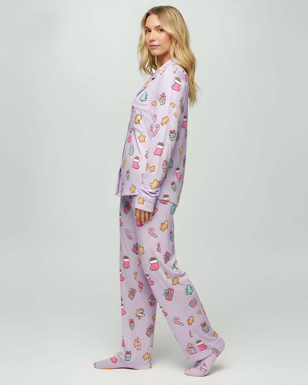 Christmas Pink Socks Print Pajama Set OMFORT