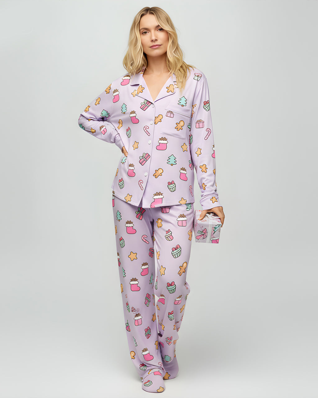 Christmas Pink Socks Print Pajama Set OMFORT