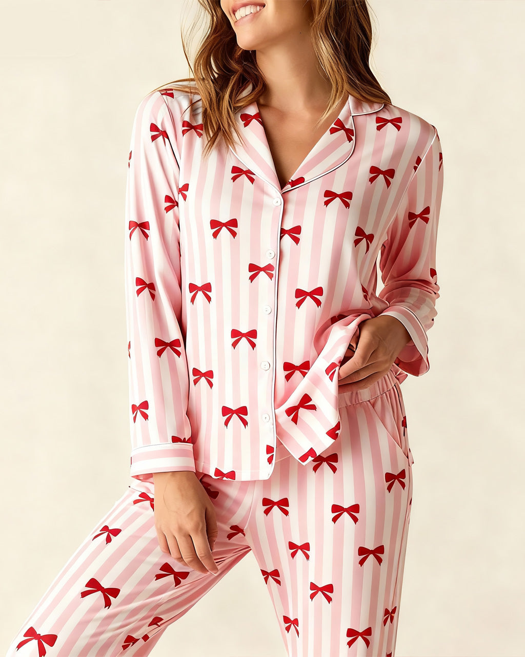 Red Coquette Bows Stripe Pajama Set OMFORT