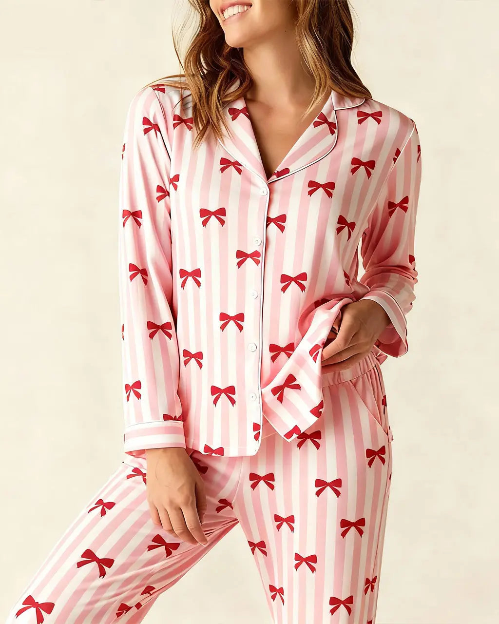 Red Coquette Bows Stripe Pajama Set OMFORT