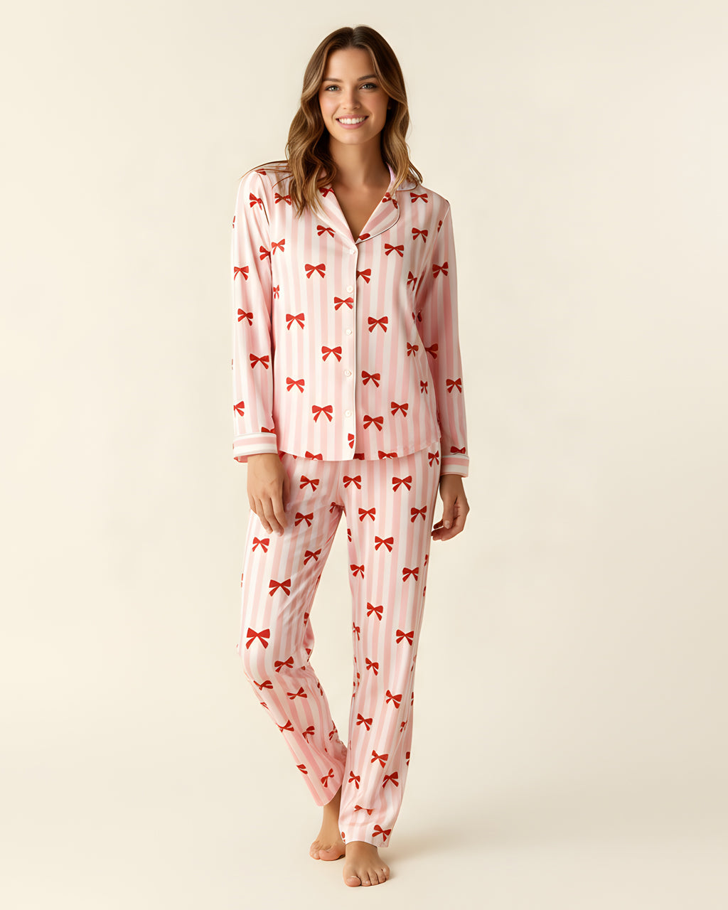 Red Coquette Bows Stripe Pajama Set OMFORT