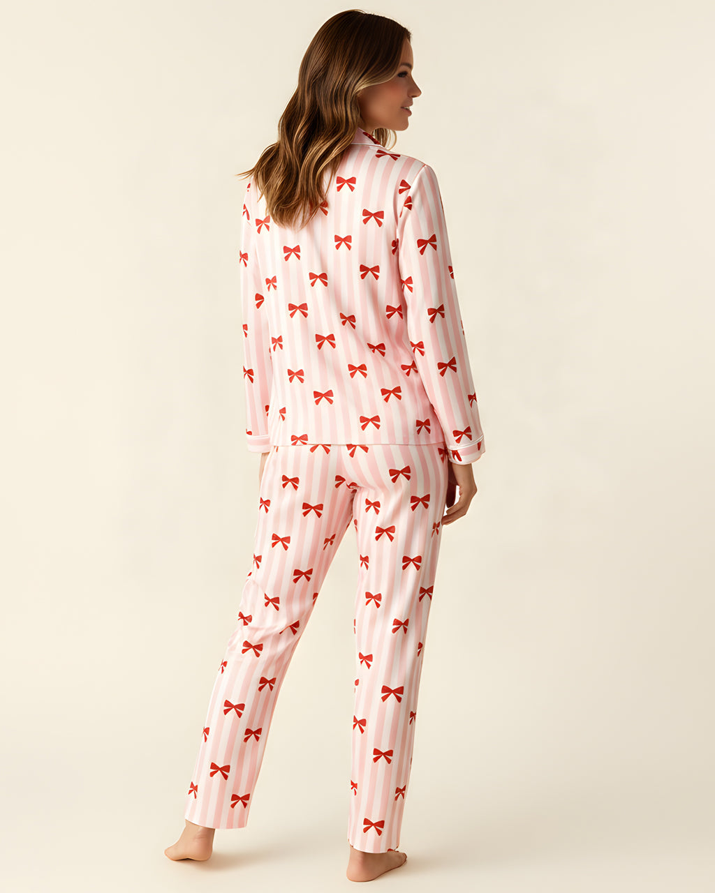Red Coquette Bows Stripe Pajama Set OMFORT