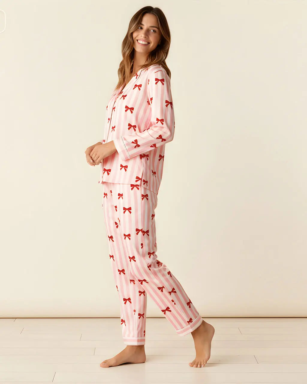Red Coquette Bows Stripe Pajama Set OMFORT