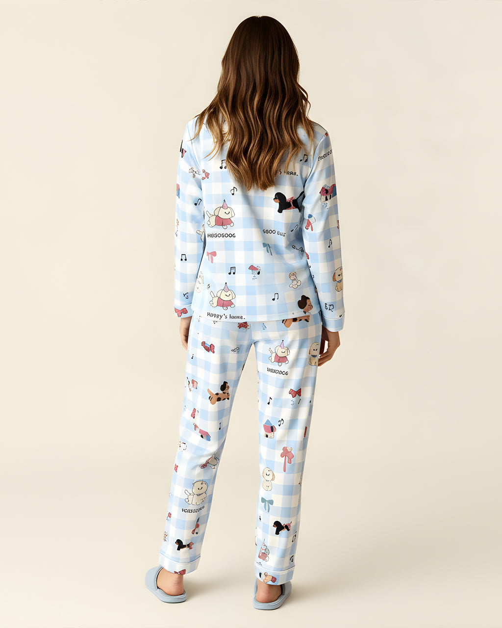 Plaid Puppy Print Satin Pajama Set OMFORT
