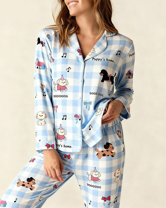 Plaid Puppy Print Satin Pajama Set OMFORT