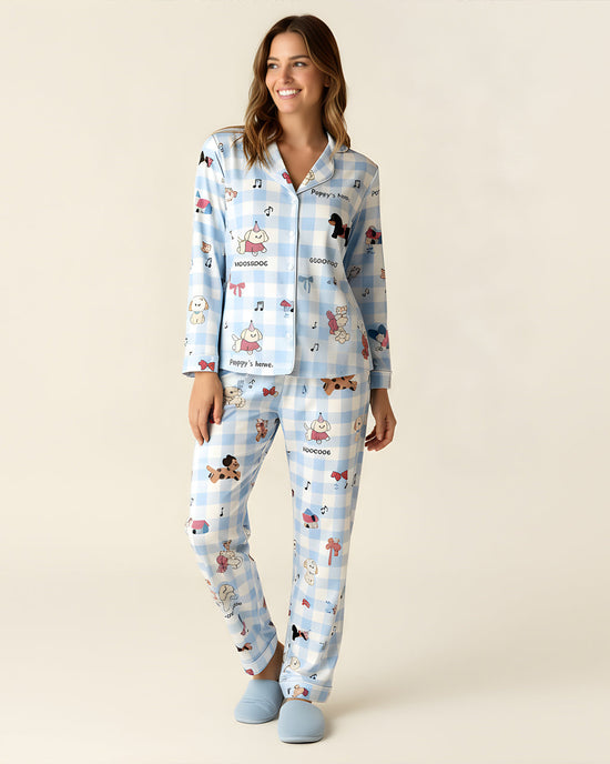 Plaid Puppy Print Satin Pajama Set OMFORT