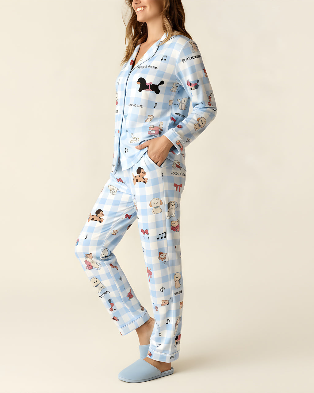 Plaid Puppy Print Satin Pajama Set OMFORT