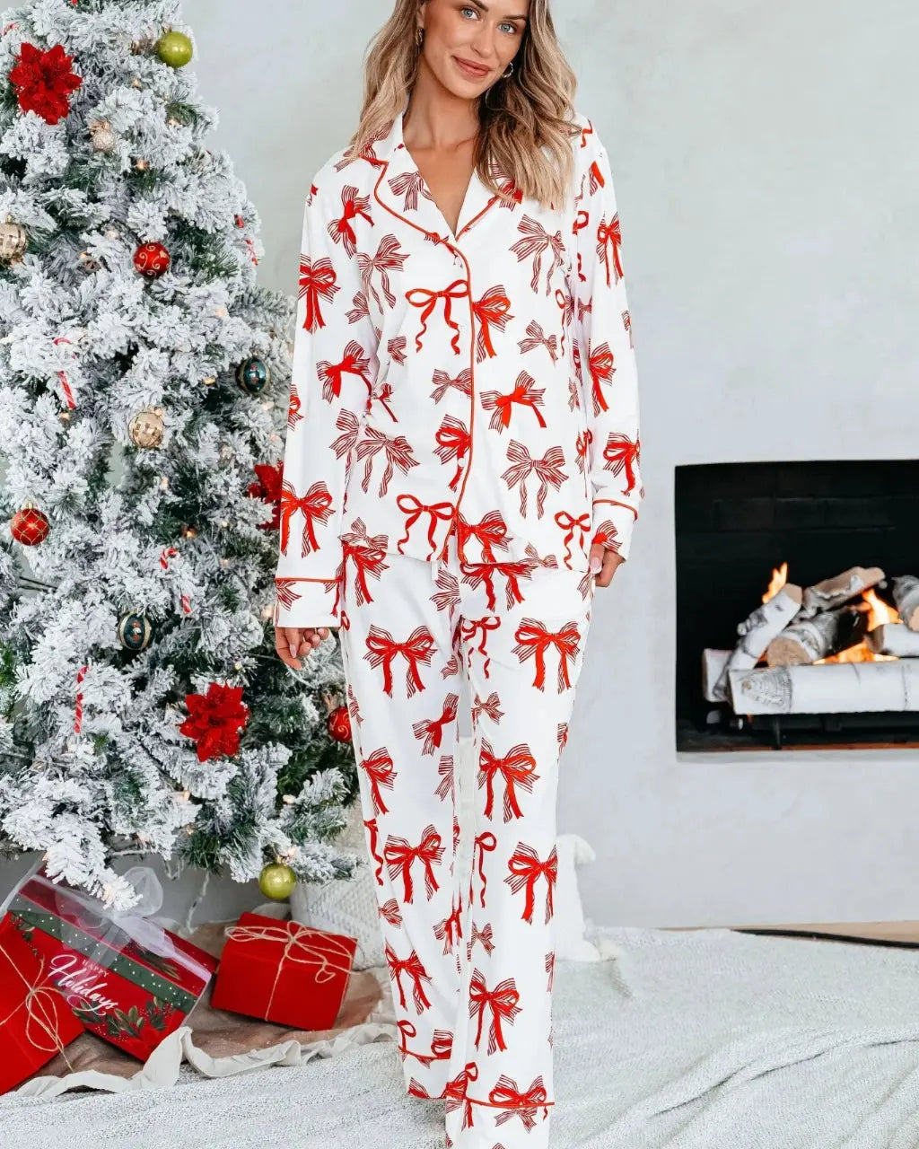 Buttery Soft Red Bow Print Pajama Set OMFORT