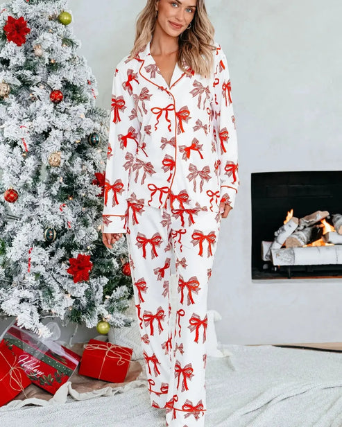 Buttery Soft Red Bow Print Pajama Set OMFORT