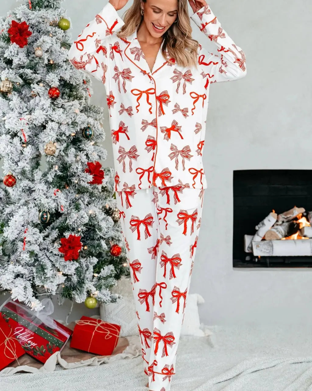 Buttery Soft Red Bow Print Pajama Set OMFORT