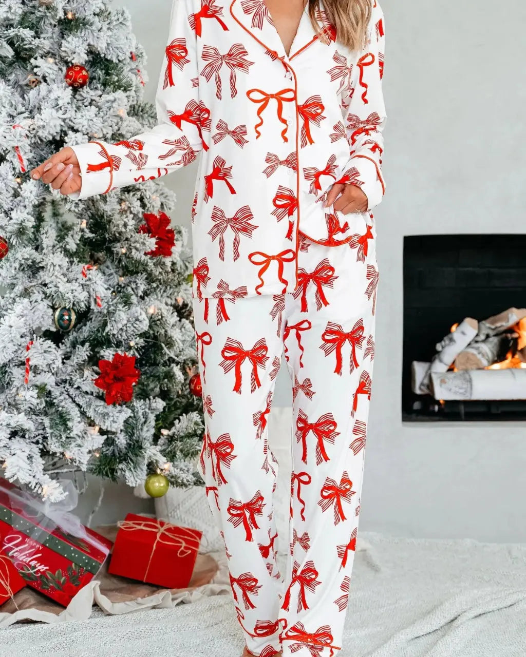 Buttery Soft Red Bow Print Pajama Set OMFORT