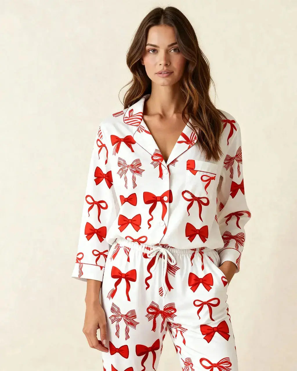 Buttery Soft Red Bow Print Pajama Set OMFORT