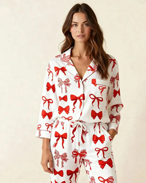 Buttery Soft Red Bow Print Pajama Set OMFORT