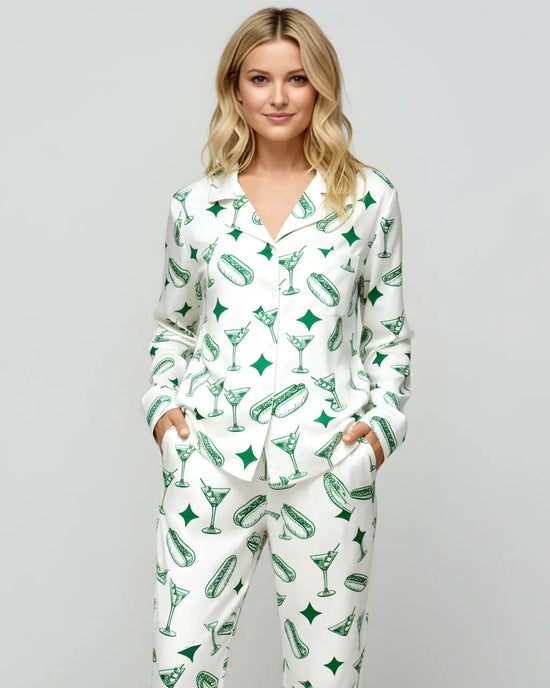 Martini Hot Dog Pattern Satin Pajama Set OMFORT