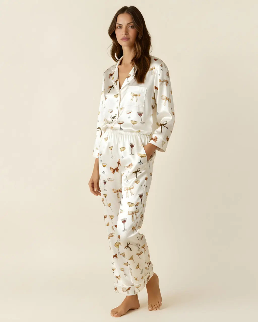 Espresso Martini Bow Satin Pajama Set OMFORT