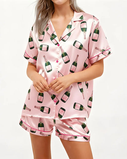 Champagne Bottle Short Sleeve Satin Pajama Set OMFORT