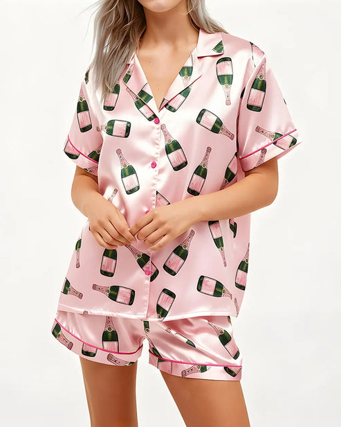 Champagne Bottle Short Sleeve Satin Pajama Set OMFORT