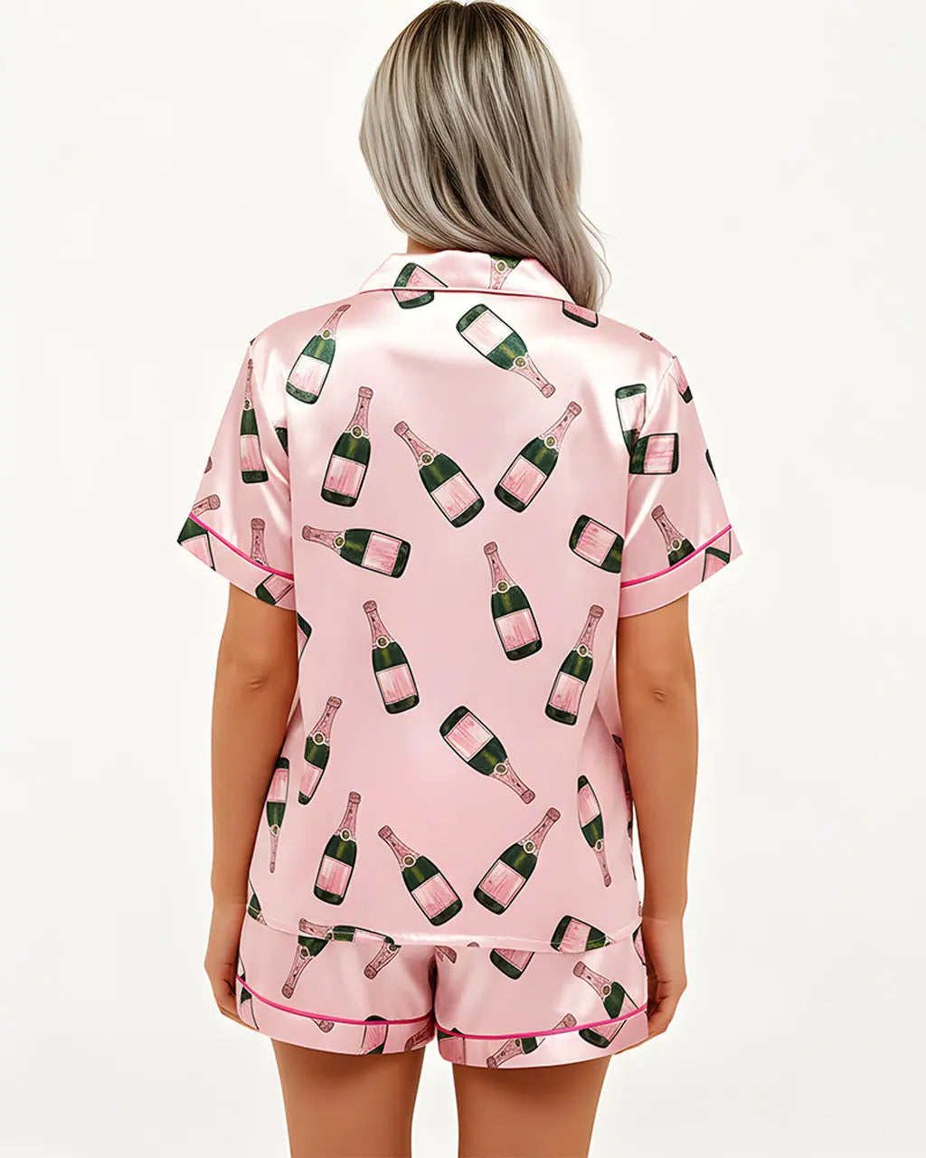 Champagne Bottle Short Sleeve Satin Pajama Set OMFORT