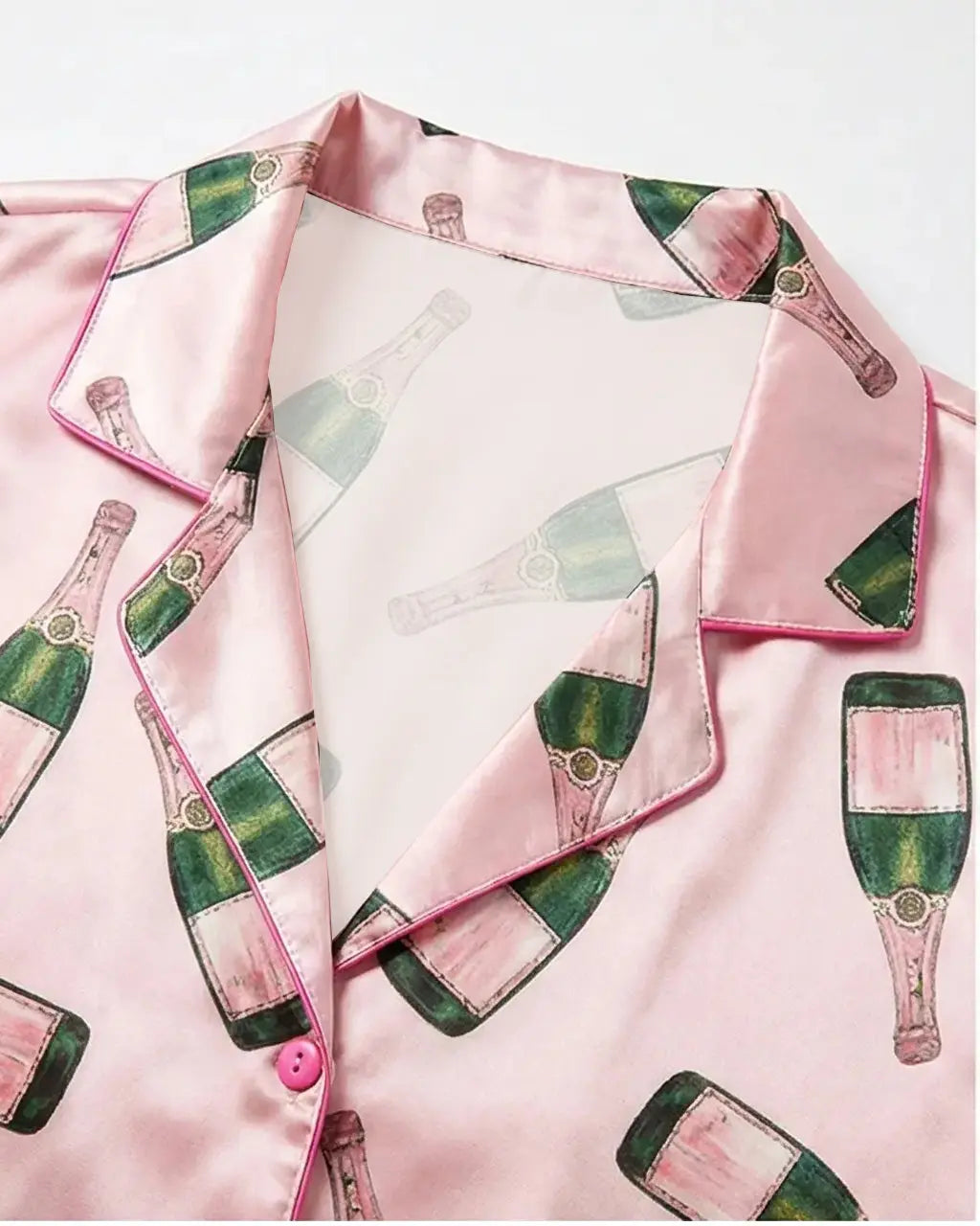 Champagne Bottle Short Sleeve Satin Pajama Set OMFORT