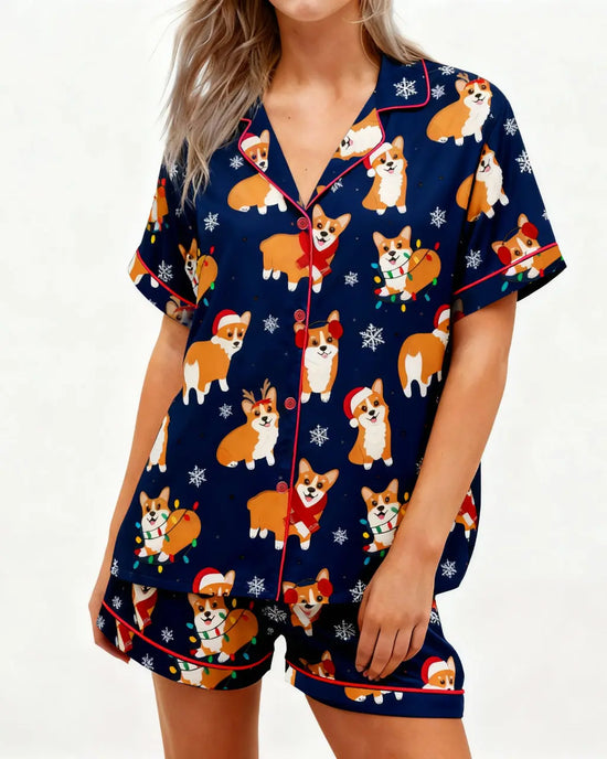 Christmas Corgi Print Short Pajama Set OMFORT