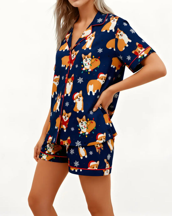 Christmas Corgi Print Short Pajama Set OMFORT
