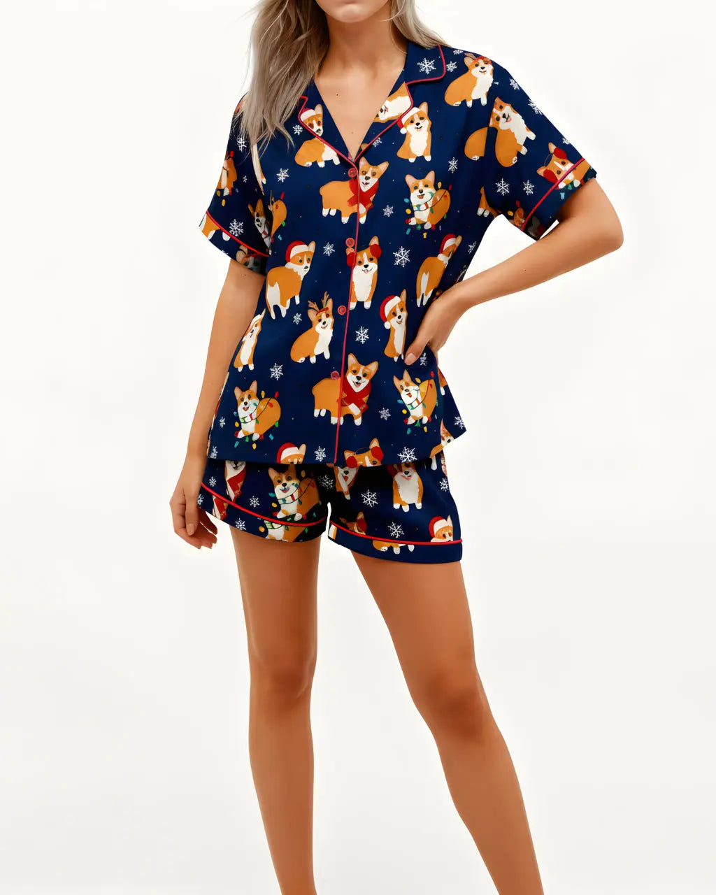 Christmas Corgi Print Short Pajama Set OMFORT