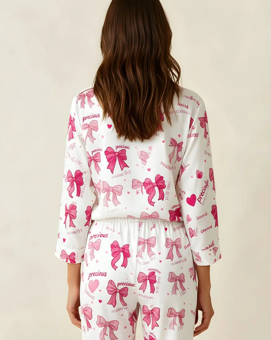 Bow Print Long Sleeve Lapel Pajama Set OMFORT