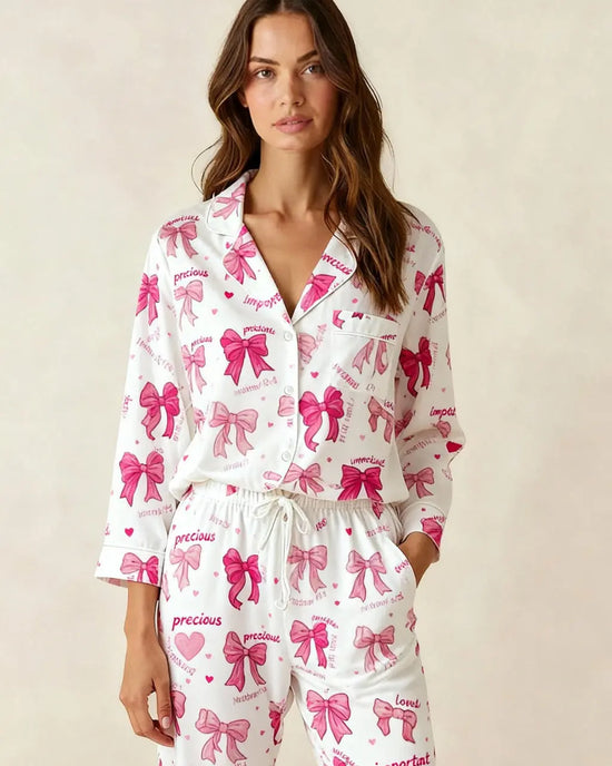 Bow Print Long Sleeve Lapel Pajama Set OMFORT