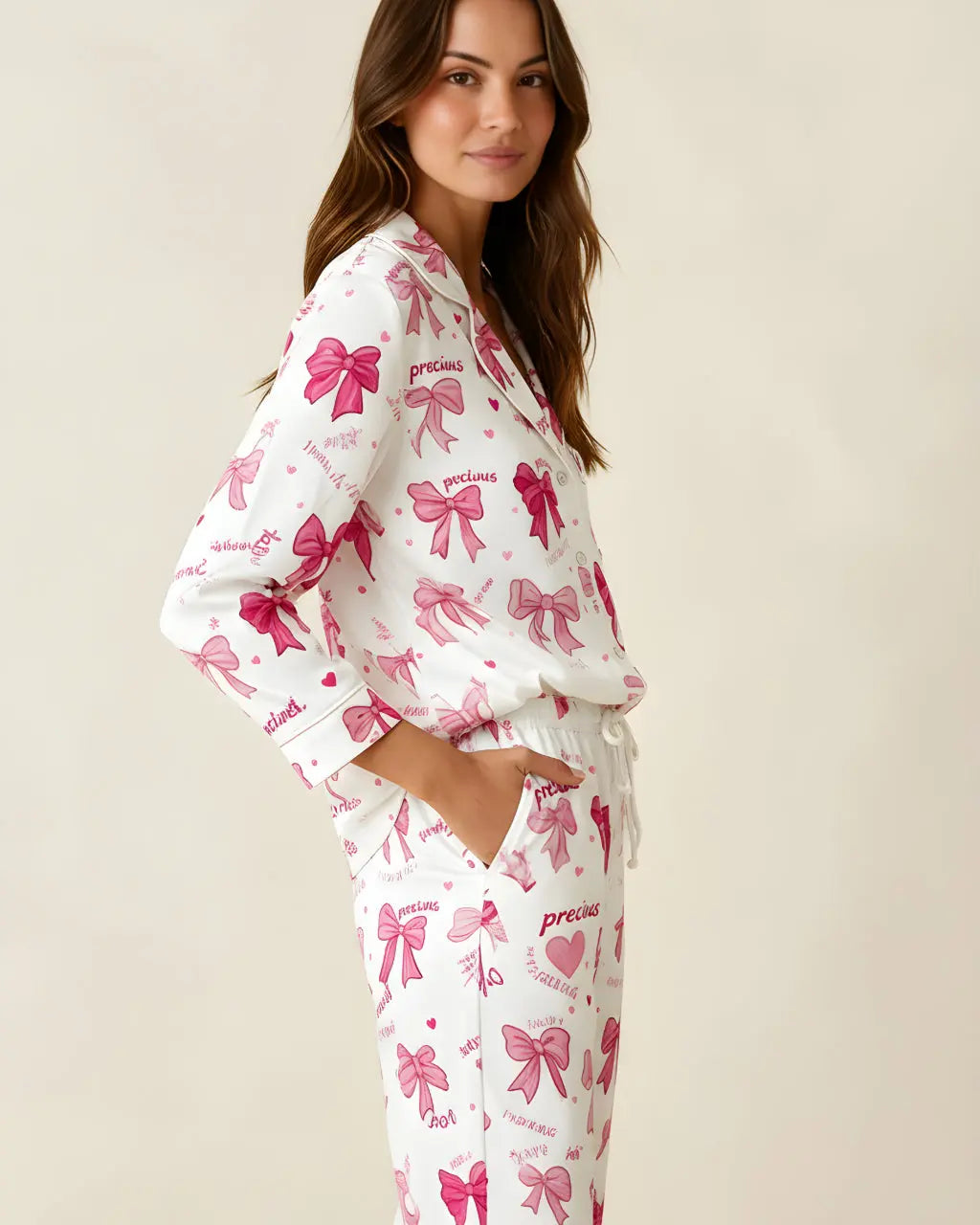 Bow Print Long Sleeve Lapel Pajama Set OMFORT