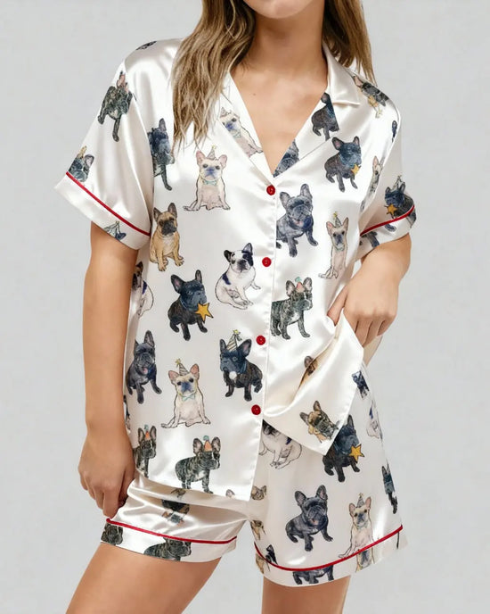 French Bulldog Print Satin Pajama Set OMFORT