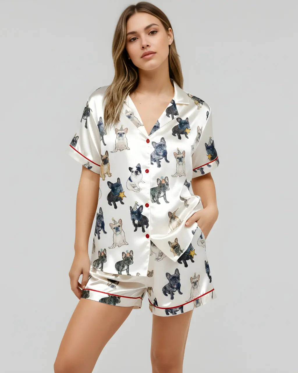 French Bulldog Print Satin Pajama Set OMFORT