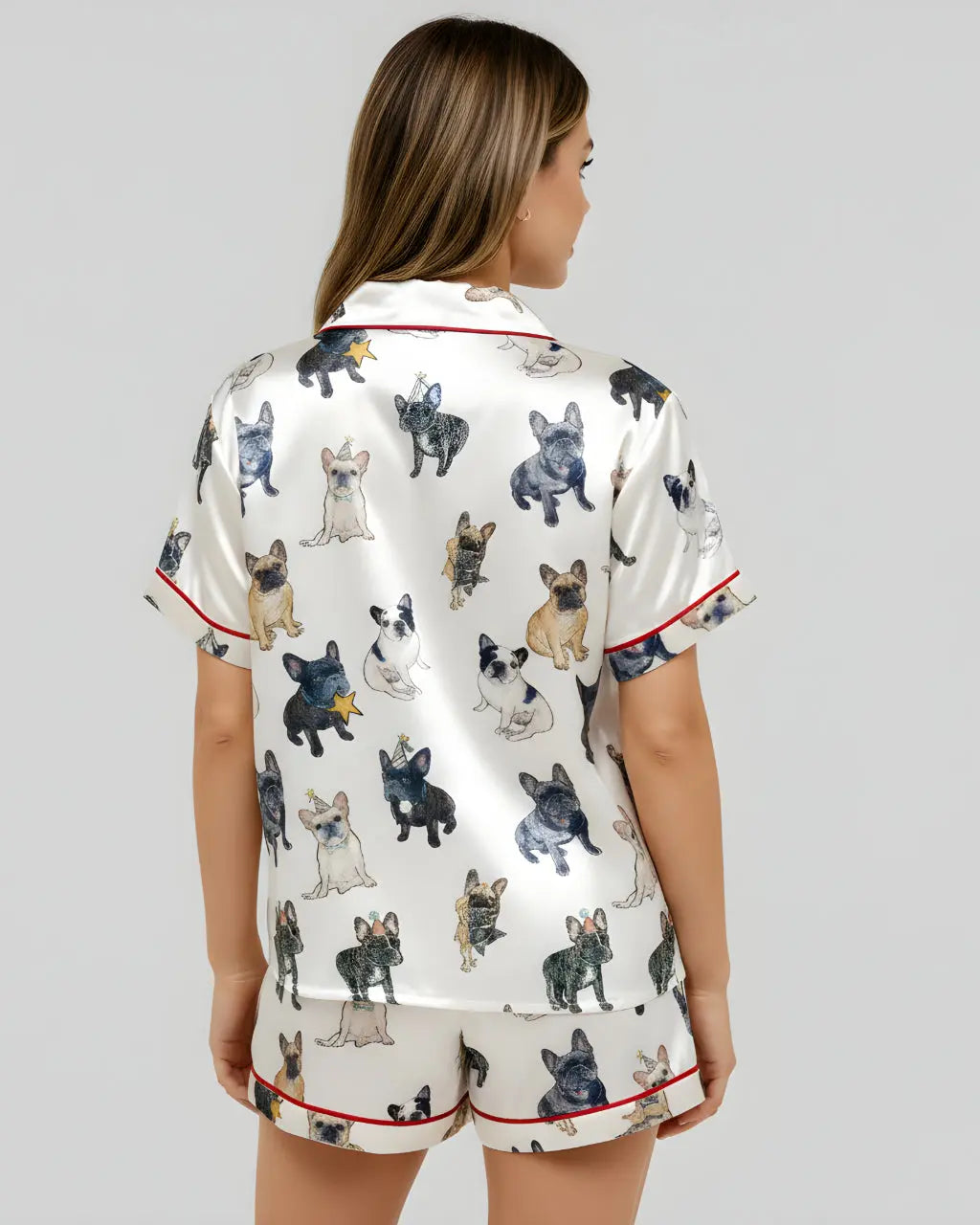 French Bulldog Print Satin Pajama Set OMFORT